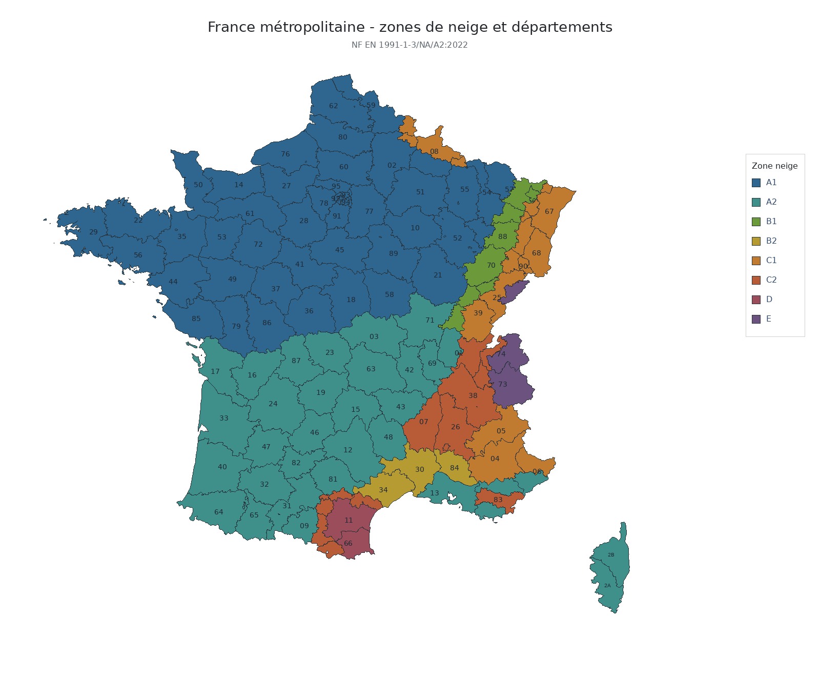 Carte des régions de neige et des départements de France métropolitaine